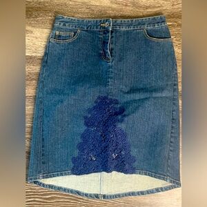 INC -  Denim Skirt Hi-Low Hem Jean Skirt‎ Navy Lace Appliqué
